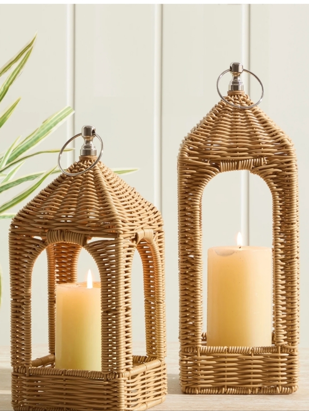 Woven Rattan Lantern Pair in Natural Brown Set Of 2